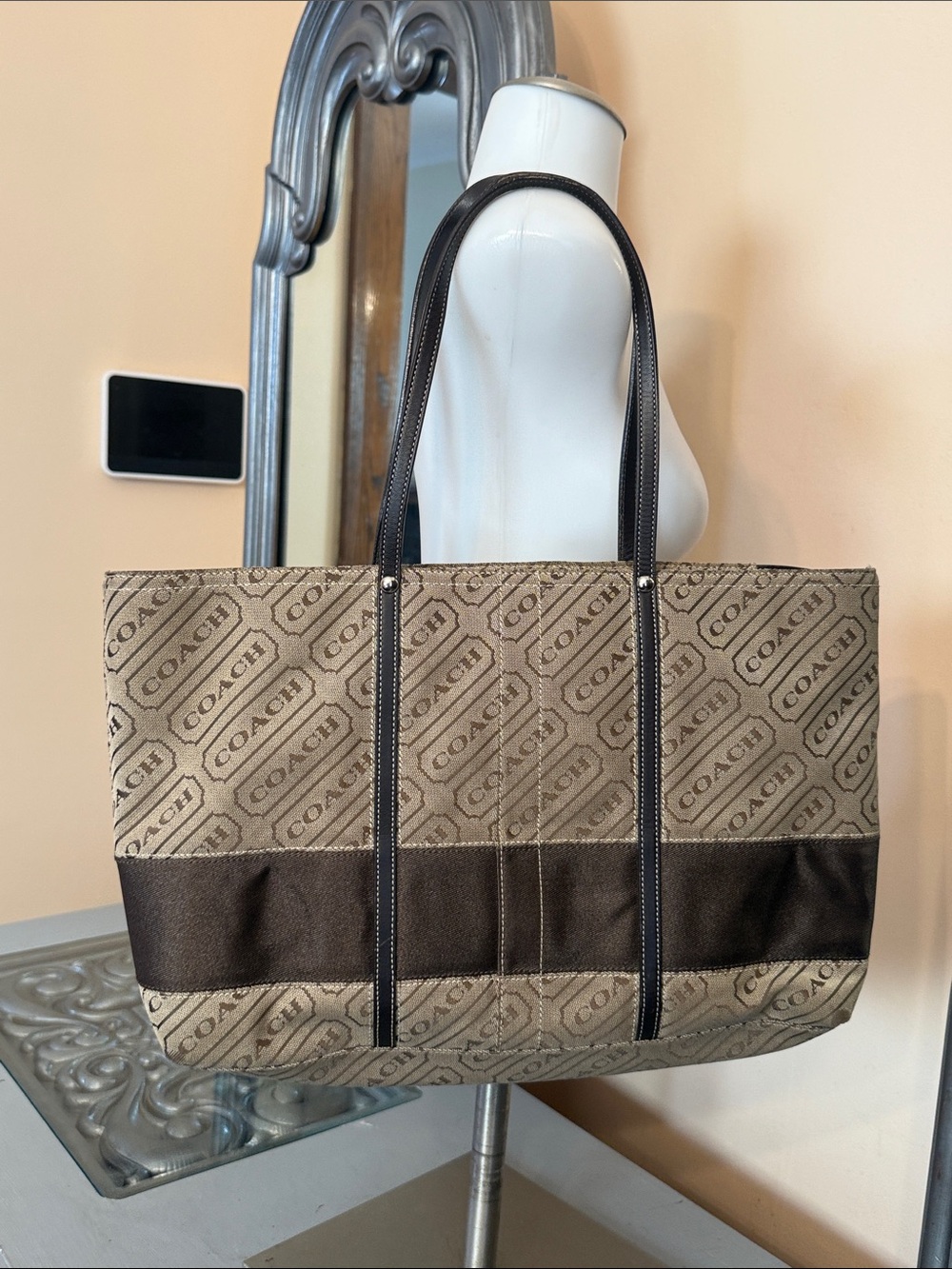Coach Lozenge Canvas Logo Tote in Beige and Brown
